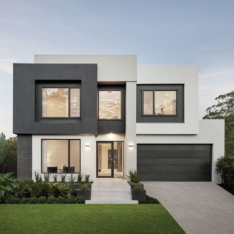 Coral Homes' new modern display home - the bold and beautiful Atlanta 48 (modern facade) Rendered Houses, Gray House Exterior, White Exterior Houses, Contemporary House Exterior, House Exterior Colors Schemes, Grey Exterior, Exterior Color Schemes, White Exterior, Casa Exterior