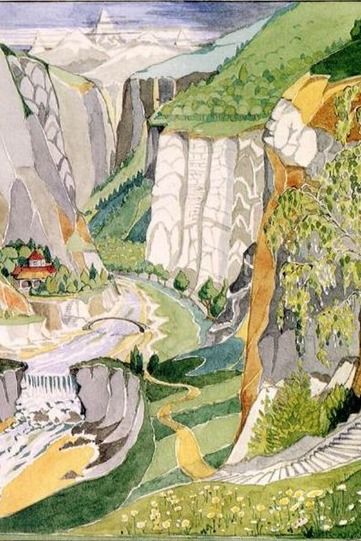 Drawing of the outskirts of Rivendell by J.R.R Tolkien Tolkien's Drawings, Jrr Tolkien Art, Phomemo Ideas, Tolkien Drawings, Academic Office, Tolkien Artwork, Lord Of Rings, Tolkien Illustration, Tolkien Hobbit