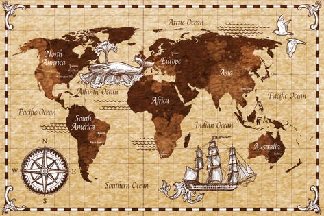 World Map Mural, Ocean Landscape Painting, Retro Map, Map Murals, World Map Wallpaper, Seascape Canvas, Map Wallpaper, Doodle Lettering, Antique Maps