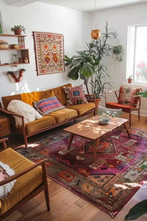 26 Retro Style Living Room Ideas: Embrace Nostalgia and Modern Design - Tips and Inspiration - placeideal.com Boho Living Room Carpet, Colourful Boho Living Room, Retro Style Living Room, Moroccan Rug Living Room, Living Room Design Boho, Bohemian Rug Living Room, Boho Rugs, Retro Living Rooms, Bohemian House