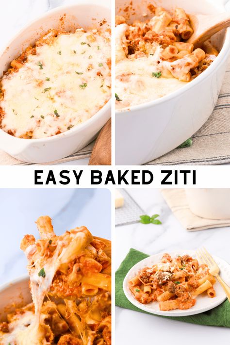 Baked Ziti Easy Recipe - This is an easy, delicious dinner idea. The baked ziti is made and assembled in a casserole dish. Use pre-cooked noodles (al dente), two jars of pasta sauce (or homemade spaghetti sauce), grated mozzarella cheese, parmesan cheese, and garnished with chopped basil. Print the recipe and see how to make it. Images of baked ziti in a casserole dish, being scooped up , closeup of saucy , cheesy , beefy noodles… Baked Ziti With Ground Beef, Casserole Dish Recipes, Easy Casserole Dishes, Easy Baked Ziti, Ziti Recipe, Baked Ziti Recipe, Homemade Spaghetti Sauce, Easy Cupcake Recipes, Homemade Spaghetti