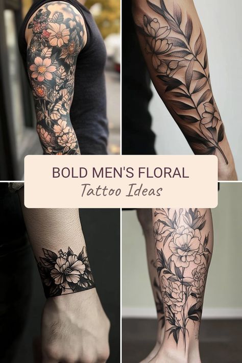 Explore stunning and meaningful men's floral tattoo ideas that showcase masculinity blended with nature's beauty. These designs highlight your individuality and style while offering powerful symbolism through flowers. Perfect for anyone considering their next body art, our collection includes unique tattoos featuring roses, lilies, and lotuses, representing strength, rebirth, and elegance. Whether you prefer bold colors or subtle outlines, discover how floral elements can transform your look and carry deep personal significance. Find inspiration for your next tattoo journey. Floral Tattoo Design Men Arm, Bold Floral Tattoo, Half Sleeve Flower Tattoo, Minimalist Floral Tattoo, Floral Tattoo Ideas, Geometric Flower Tattoo, Men's Tattoo, Men Flower Tattoo, Daffodil Tattoo