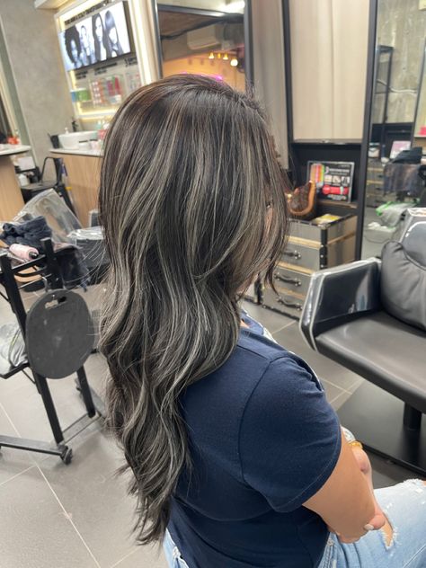 Ash Colored Highlights, Caramel Highlights On Asian Hair, Ash Hair Highlights For Dark Hair, Ash Lowlights On Black Hair, Ash Blonde On Dark Brown Hair, Dark Hair With Icy Highlights, Ash Blonde Black Hair, Black Hair With Brown And Blonde Highlights, Ashy Highlights On Dark Hair Brunettes