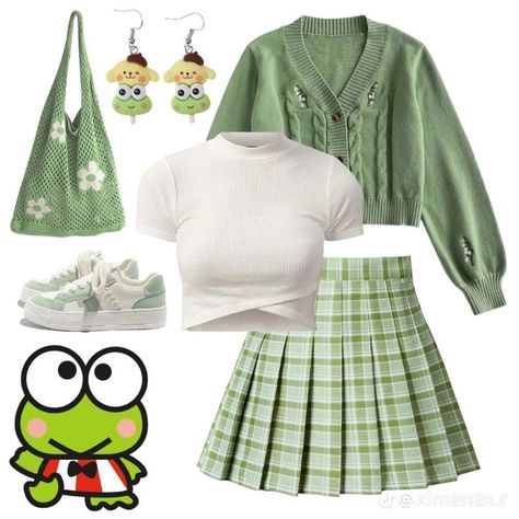 Infp Outfit Aesthetic, Kerropi Aesthetic, Sanrio Outfit Ideas, Keroppi Outfit, Sanrio Moodboard, Juniper Core, Sanrio Dress, Sanrio Outfits, Character Inspired Outfits