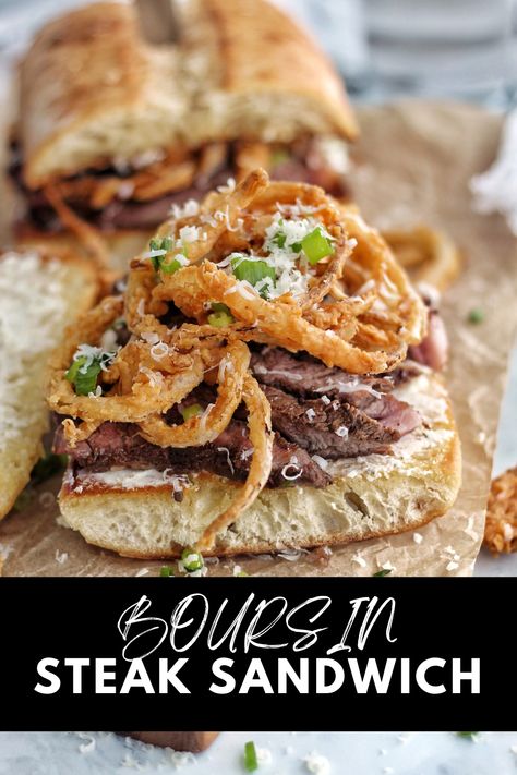 Boursin Steak Sandwich Shaved Steak Sandwich Recipes, Boursin Steak, Pan Seared Ribeye Steak, Fried Onion Strings, Seared Ribeye Steak, Pan Seared Ribeye, Boursin Recipes, Onion Strings, Steak Sandwich Recipes