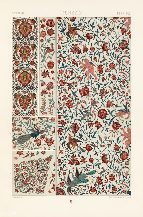 Persian pattern from L'ornement Polychrome (1888) by Albert Racinet (1825–1893). Digitally enhanced from our own original 1888 edition. | free image by rawpixel.com Patchwork Bandana, Persian Miniature, Free Illustration Images, Ancient Egyptian Art, Rustic Frames, Persian Pattern, Sewing Embroidery, French Artists, Giclee Art