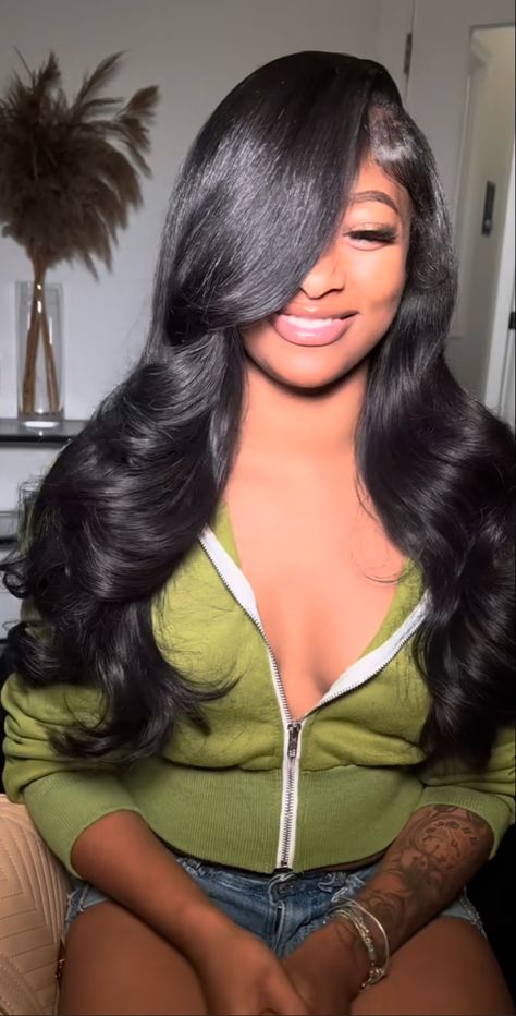 Layered Middle Part Quick Weave, Middle Part Quick Weave Layers Straight, Dramatic Side Part Hair, Side Part Layered Hair Black Women Wig, Layered Middle Part Wig Black Women Curls, Layered Black Wig Black Women, Side Part With Layers, Side Part Layers, Layered Side Part