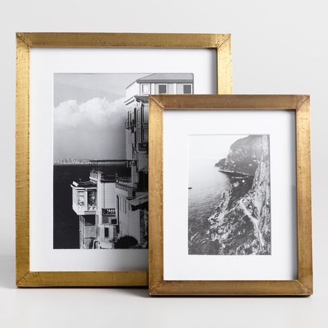 -Create an eye-catching photo collage with our contemporary wall frames in multiple sizes. A versatile addition to existing frame collections, each frame features white matting and antique brass metal-clad borders with nail accents.   Also could be used for decorative,hanging frames,accessories,artisan gifts,gifts,wall hanging,wall decor,hanging wall decor,home decor,decor,hanging decor,decorative accessories,picture frame,tabletop frame,wall frame. By Cost Plus World Market.562423 Unique Picture Frames, Brass Picture Frames, Wall Decor Hanging, Wall Inspiration, Primary Suite, Antique Brass Metal, Wall Frames, Condo Living, Cost Plus World Market