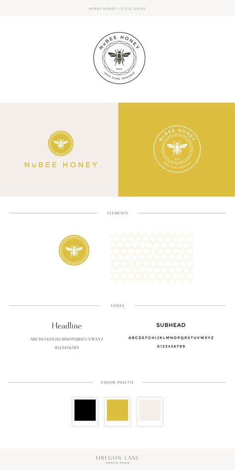 Logo design for NuBee Honey. Primary logo, secondary logo, typography, pattern and color palette design by Oregon Lane Studio. Primary Logo Secondary Logo, Beehive Logo Design, Secondary Logo Ideas, Secondary Logo Design, Primary And Secondary Logo, Honey Graphic Design, Honey Branding Design, Honey Business, Fashion Logo Typography