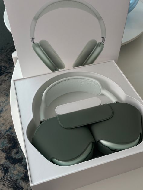 green coloured headphones in the box Air Pod Max Green, Airpod Pro Max Green, Apple Airpods Max Green, Green Apple Airpods Max Aesthetic, Apple Headphones Green, Airpod Max Green, Green Airpods Max Aesthetic, Apple Products Aesthetic, Green Airpods