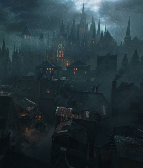 Yharnam City Art, Dark Dnd Aesthetic, Dark Steampunk City, Gothic Fantasy City, Dark Fantasy City, Gothic City, Steampunk City, Fantasy Town, Bg Design