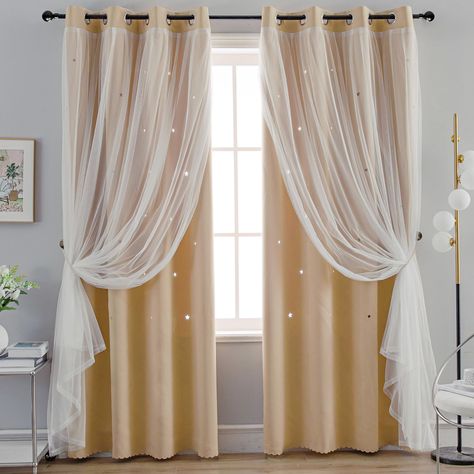 PRICES MAY VARY. 【BASE INFORMATION】Grommets top(1.6 inch inner diameter), Curtain measures 52" wide per panel. Available length include 63", 72",84", 95"，2 detachable ties per package. 【EXCELLENT MATERIAL】 Made of high-quality polyester fabric with lace inside, which is elegant and holy. Star curtain for girls and kids increases the overall taste of home decorations. 【ROMANTIC DESIGN】 Hollow out star curtains forming a dream starry sky in your room, giving beautiful and romantic look even viewin Window Behind Bed Curtain Ideas, Small Room Curtains, Bedroom Closet Curtain Ideas, Beige Curtains Bedroom Ideas, Bedroom Backdrop Ideas, Nursery Curtain Ideas, Curtain Behind Headboard, Beige Curtains Bedroom, Lace Curtains Bedroom