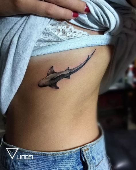 Shark And Whale Tattoo, Shark Cover Up Tattoo, Writing Placement Tattoo, Blue Shark Tattoo, Blacktip Reef Shark Tattoo, Shark Tattoo On Hip, Shark Tattoo Ribs, Feminine Shark Tattoo, Shark Hip Tattoo