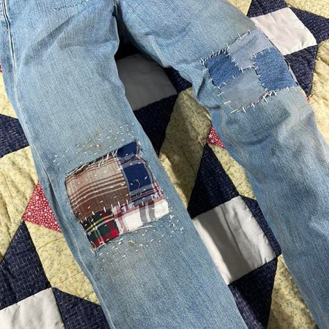 I might be biased but you should probably buy this on Depop 👍 https://depop.app.link/Mkz20pNHEnb How To Patch Jeans, Jeans Patchwork, Mending Clothes, Sashiko Embroidery, Patchwork Jeans, Denim Patchwork, Clothing Rack, Levi's Jeans, Levis Jeans