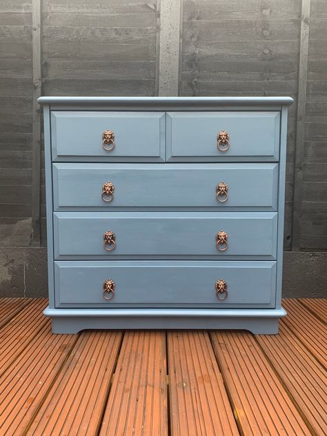 Blue Console Table, Blue Chest Of Drawers, Blue Drawers, Blue Dresser, Copper Handles, Shop Projects, Dusky Blue, Wood Shop Projects, Blue French