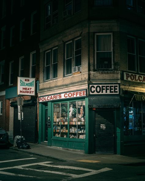 Polcari’s Coffee at night in the North End, Boston, Massachusetts Boston Massachusetts Aesthetic, Winthrop Massachusetts, Coffee At Night, Boston At Night, North End Boston, Massachusetts Aesthetic, Boston Aesthetic, Night Scenes, Meat Markets