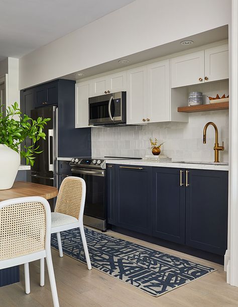 House & Home - Before & After: A Small Dated Kitchen Becomes A Cool, Modern Hub Modern Blue Kitchen Storage Cabinets, Small Kitchen Renovations, Navy Kitchen, Warm Kitchen, White Bookshelves, Communal Table, Condo Kitchen, Room Update, New Kitchen Cabinets