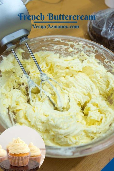 This French buttercream is custardy, silky smooth, and buttery made with egg yolks, sugar syrup, and lots of butter. It takes less than 15 minutes to make and is perfect for frosting cakes, pipe cupcake swirls, and even draped with fondant. #buttercream #French #frenchbuttercream #buttercreamrecipe #frenchfrosting #frechbuttercreamrecipe #meringuebuttercream #howto French Buttercream Frosting Recipe, French Buttercream Frosting, Vanilla Icing Recipe, Cookies And Cream Frosting, French Buttercream, Cake Filling Recipes, Baking Decorating, Ganache Recipe, Vanilla Buttercream Frosting