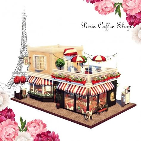 Agathea-k: Paris Coffee Shop Cute Bakery Exterior Design, Retro Building Illustration, Cute Restaurant Exterior, 3d Shop Design, Bloxburg Resturant Ideas, Sims 4 Cafe Layout, Sims4 Bakery, Dinkum Ideas, Sims Bakery