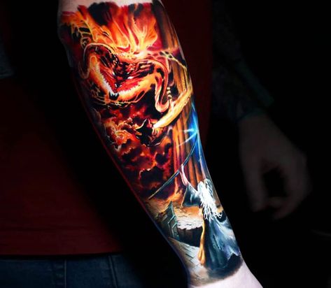 Gandalf vs Balrog tattoo by Tattoo Zhuzha | Photo 31172 Balrog Tattoo, Gandalf Tattoo, Steve Butcher Tattoo, Book Tattoos, Lotr Tattoo, Lord Of The Rings Tattoo, Rose Flower Tattoos, Crazy Tattoos, Rostov On Don