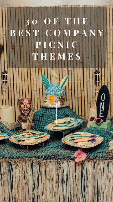 Picnic Theme Ideas For Adults, Staff Picnic Ideas, Company Cookout Ideas, Company Picnic Decorations, Corporate Bbq Ideas Company Picnic, Office Picnic Ideas, Summer Picnic Theme Party, Themed Bbq Ideas Summer Parties, Summer Bbq Theme Party