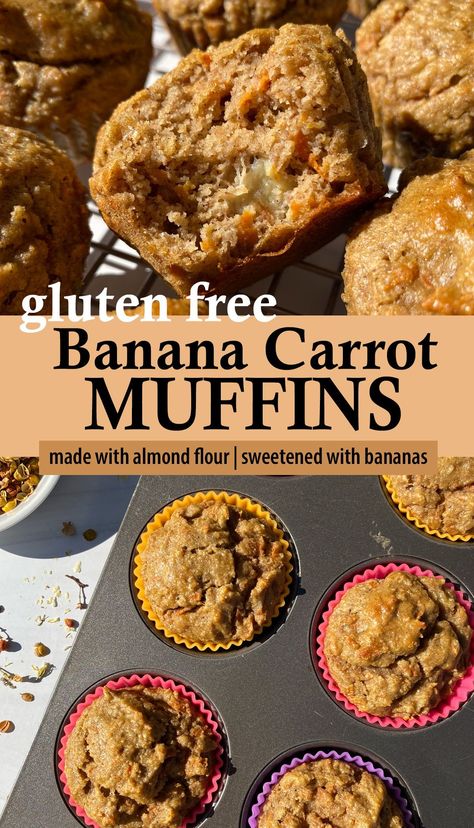 These gluten free banana carrot muffins are moist and tender, but only sweetened with bananas and completely oil free. They're made with almond flour, loaded with freshly shredded carrots and flavored with warming spices like cinnamon and ginger. This banana carrot muffin recipe is gluten free, dairy free and paleo friendly. Aip Banana Muffins, Gluten Free Muffins Almond Flour, Banana Carrot Muffins Healthy, Gluten Free Carrot Muffins, Healthy Carrot Muffins, Carrot Muffin, Gf Muffins, Carrot Muffin Recipe, Banana Carrot Muffins