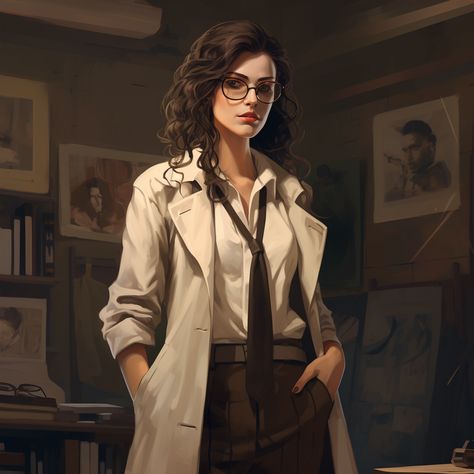 Call Of Cthulhu Female Character, Female Doctor Character Art, Female Agent Character Design, Female Mad Scientist Character Design, Modern Day Dnd Characters, 1940s Character Art, Female Professor Character Design, Fallout Female Character Art, Mad Scientist Woman