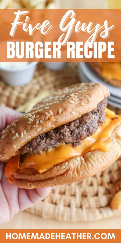 Indulge in the ultimate homemade Five Guys burgers with this copycat recipe. Juicy, flavorful, and topped with melty cheese - a taste bud triumph! Hardees Copycat Recipes, Juicy Cheeseburger Recipe, Season Hamburger Meat, Best Cheese Burger Recipe, Hardee's Frisco Burger Recipe, Best Hamburgers Recipe, The Best Burger Recipe, Cheese Burgers Recipes, Best Burgers Recipes