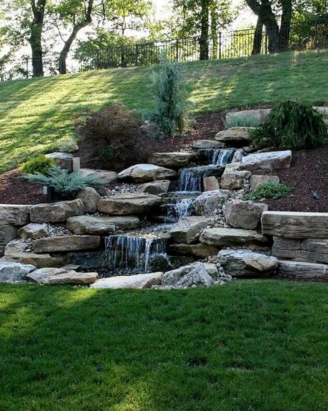 Backyard Hill Landscaping, Sloped Backyard Landscaping, Landscaping On A Hill, Patio Grande, Sloped Yard, Sloped Backyard, Landscaping Retaining Walls, Garden Waterfall, Hillside Landscaping