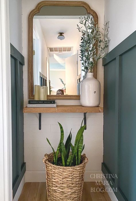 End Of Corridor Decor, Mirrors At End Of Hallway, Mirror In Small Hallway, Corridor End Wall Design, Wall Mirror Hallway, Short Hallway Decorating, End Of Hallway Decor Mirror, Small Square Hallway Ideas, Hallway Mirror Ideas Full Length