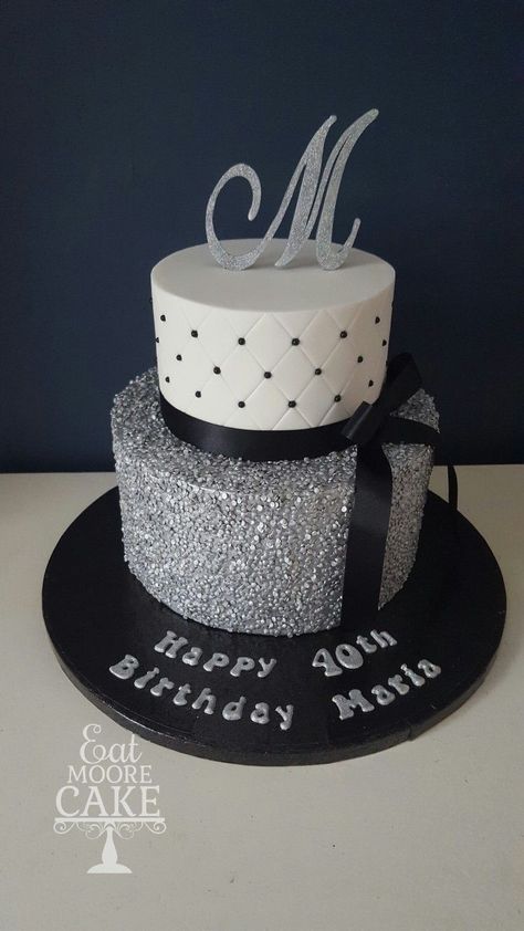 Cake Decorating 40th Birthday, White And Silver Theme Party Decoration, Black And Silver 21st Birthday Cake, Black And Silver Cake Birthday For Women, Silver And Black Cake Birthday, Black White And Silver Birthday Cake, Black And White Sweet 16 Cake, Black And White Cakes Birthday, Black And White Bday Cake