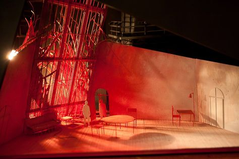 scene design model shown at the annual Design and Production ... Contemporary Theatre Design, Sunset Stage Design, Rotating Set Design, Red Set Design, In The Round Stage, Set Design Model, Paper Set Design, Scenic Design Theatres, Vintage Furniture Design