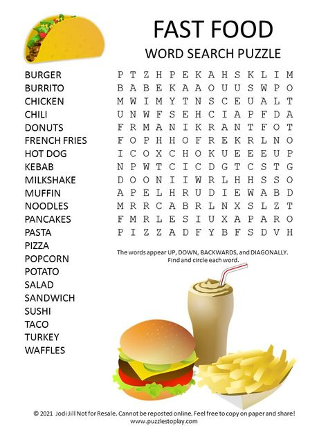 Fast Food Word Search Puzzle Search Word Puzzles, Food Crossword, Food Word Search, Food Puzzle, Word Puzzles For Kids, Puzzle Food, Free Word Search Puzzles, Kids Word Search, Word Search Puzzles Printables