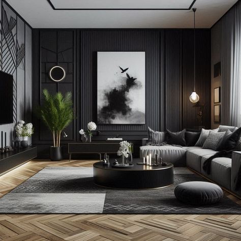 Black and Grey Living Room Sleek Black Accent Wall Black Walls In House, Black Grey Living Room Ideas, Lounge Room Feature Wall Ideas, Grey Walls With Black Accent Wall, Black Lounge Styling, Dark Grey Tv Wall, Black Wall Aesthetic, Black Theme House, Black And Grey Interior Design