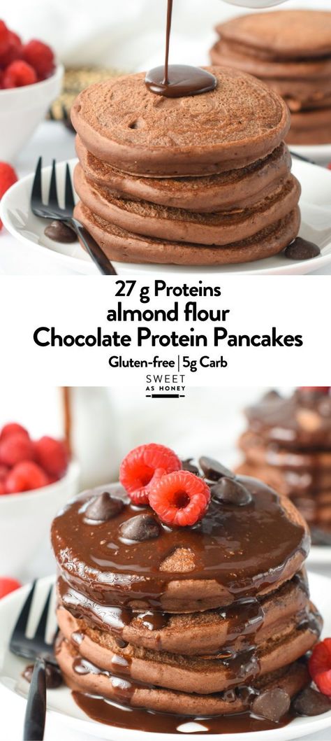 These Chocolate Protein Pancakes with chocolate syrup are the most delicious high-protein breakfast packed with 27 grams of proteins. These are quick and easy low-carb pancakes made without bananas and using only wholesome gluten-free ingredients. High Protein Chocolate Pancakes, High Protein Gluten Free Pancakes, Chocolate Chip Protein Pancakes, High Protein Breakfast Pancakes, Arbonne Protein Pancakes, High Protein Pancakes Low Carb, High Protein Ingredients, Low Carb High Protein Recipes Breakfast, High Protein Breakfast Low Carb