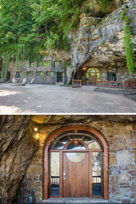 The Beckham Creek Cave Lodge is a world away from the cold and dingy dwellings of our ancestors. Cave House Exterior, Cave Home Aesthetic, Cave House Underground Homes, Cave Architecture, Underground Lair, Cave Houses, Cabin Mansion, Cave Entrance, Red Witch