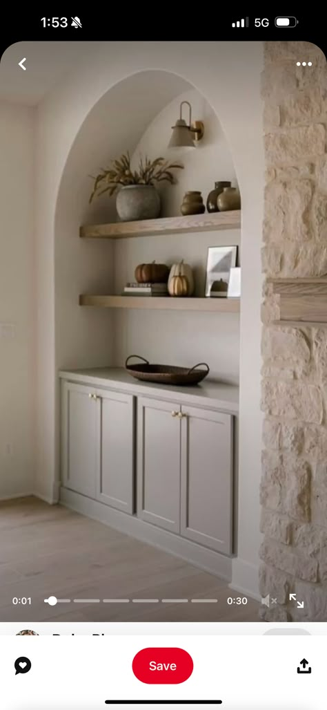 Built In Display Cabinet, Niche Ideas Living Room, Wall Niche Ideas Living Room, Arched Wall Niche, Living Room Niche, Display Cabinet Ideas, Shelf Nook, Wall Niche Ideas, Built In Wall Shelves