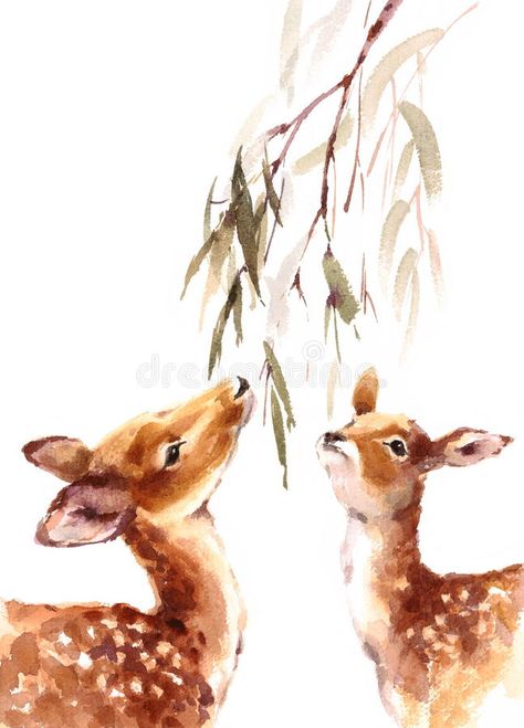 Deers Looking Up Eating Leaves Watercolor Animal Illustration Hand Painted. Hand #Sponsored , #paid, #Affiliate, #Eating, #Watercolor, #Hand, #Leaves Procreate Watercolor, Watercolor Paintings Of Animals, Painting Animals, Deer Painting, Leaves Watercolor, Bookmark Craft, Creatures Art, Deer Art, Animal Drawing