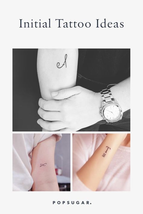 Tattoo Ideas Letters Initial, Initial Tattoo On Forearm, Creative Initial Tattoo, Tattoo With Hidden Initials, Child Initial Tattoo Ideas, Minimalist Initial Tattoo, Spouse Name Tattoos For Women, 3 Letter Tattoo, 2 Initial Tattoo