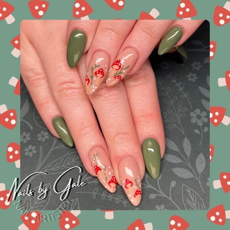 🍄🍃✨ mushroom nail art - earthy nails Nails With Mushrooms On Them, Fairy Mushroom Nails, Easy Mushroom Nails, Mushroom Fairy Nails, Cottagecore Nails Simple, Mushroom Nail Art Designs, Green Mushroom Nails, Cute Mushroom Nails, Mushroom Nail Ideas