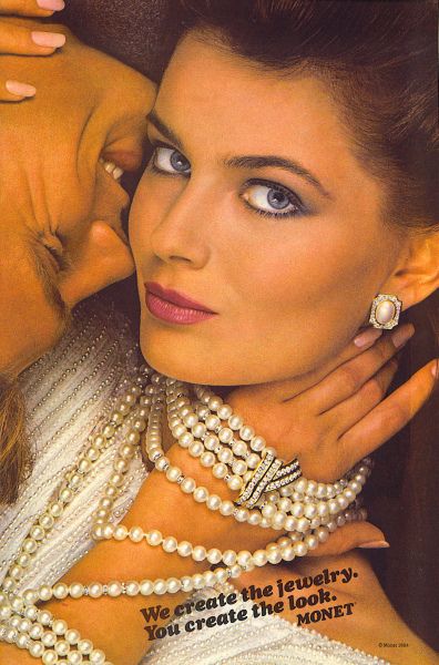 Vintage Pearl Jewelry, Jewellery Advertising, Patti Hansen, 80s Jewelry, Paulina Porizkova, Monet Earrings, Lauren Hutton, Pearl Strands Necklace, Pearl Strand