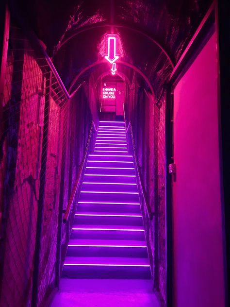 Club Decor Nightclub Design, Cyberpunk Nightclub, Pink Nightclub, Purple Stairs, Neon Architecture, Underground Nightclub, Cyberpunk Bar, Nightclub Design, Purple Animals