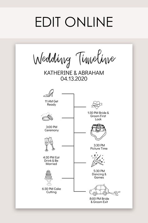 Wedding Day Timeline, Editable Online after purchasing from Etsy using Corjl. Lot's of icons to choose from to represent the different parts of your day; ceremony, reception and more. Wedding Schedule Timeline, Wedding Stationery Timeline, Wedding Day Timeline Template, Reception Timeline, Wedding Reception Timeline, Wedding Timeline Template, Timeline Template, Wedding Newspaper, Wedding Schedule