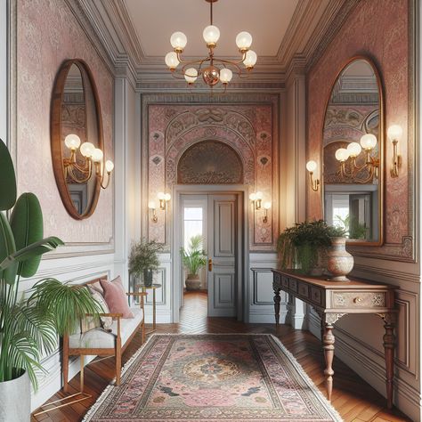 The scene should include unique pieces like a rustic wooden console table, a large ornate mirror hanging on pastel-colored wallpaper, period light fixtures casting a soft warm glow, an intricately designed Persian rug running the length of the polished hardwood floor, and a variety of houseplants providing a touch of nature. In this hallway, comfort meets elegance in a harmonious play of old-world charm and contemporary chic. Vintage Entrance Hall Decor, Light Academia House, French Hallway, Victorian Entryway, French Chateau Interiors, Edwardian Interiors, Elegant Hallway, Academia House, Intricate Woodwork