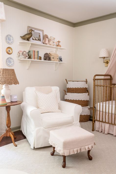 Classic English Nursery, Vintage White Nursery, Corner Shelf Nursery, Riley Sheehey Nursery, Cottage Inspired Nursery, Mediterranean Nursery Theme, Vintage Nursery Chair, Parisian Style Nursery, Vintage Pink Nursery Ideas