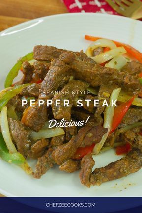 Spanish Style Pepper Steak is a great version of Carne Guisada that Dominicans and Puerto Ricans love. This authentic Latin Steak Recipe will definitely impress and feed a crowd! Try it out the next time that you make dinner! #SpanishSteak #DominicanRecipes #CarneGuisada Spanish Pepper Steak Recipe, Peper Steak, Bistec Encebollado, Hispanic Dishes, Strip Steak Recipe, Skirt Steak Recipes, Pepper Steak Recipe, Steak And Onions, Beef Steak Recipes