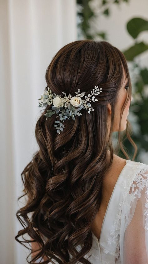 Bride Hair Simple Down, Bridal Hair Romantic Half Up, Hairstyles For Long Hair For Bride, Engagement Hairstyles Medium Hair, Wedding Half Down Hairstyles, Wedding Hairstyles With Short Hair, Long Hair Bridal Hairstyles Half Up, Engament Hairstyle, Beauty And The Beast Wedding Hair