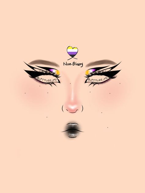 Maquillaje inspirado en bandera de género no binario Pride Gothic Makeup, Masculine Pride Makeup, Pride Themed Makeup, Nonbinary Eyeliner, Pride Makeup Nonbinary, Non Binary Flag Makeup, Alt Pride Makeup, Nonbinary Makeup Pride, Nonbinary Flag Makeup