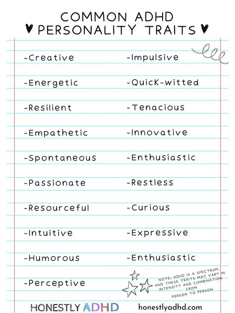 A list of common adhd personality traits. Personality Traits List, Positive Traits, What Is Happening, Beneath The Surface, Personality Traits, Personality Types, Social Work, Pretty Shoes, Free Printable