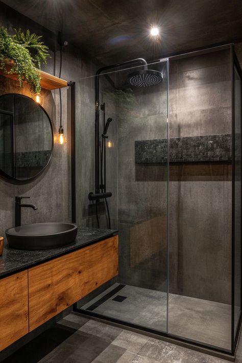 Spa Bathroom Ideas Dark, Black And Gray Small Bathroom Ideas, Bathroom Design For Men, Bathroom Dark Grey Cabinets, Minimalist Dark Bathroom, Modern Cabin Interior Bathroom, Black Bathroom With Wood Accents, Small Dark Bathroom Aesthetic, Minimalist Black House